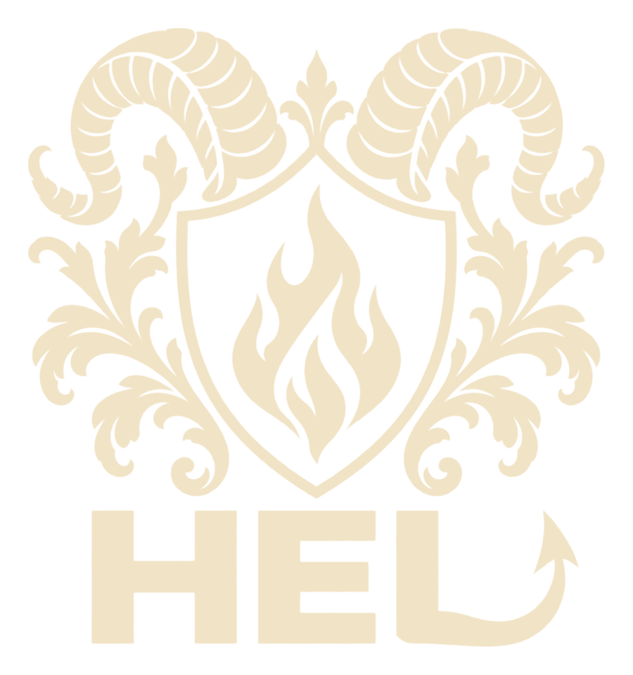 HEL's horned shield and flame crest with the stylized HEL wordmark